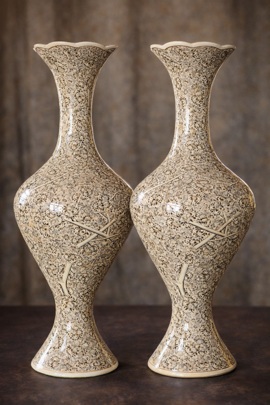 Kashmiri papier mache vases with ivory Tree of Life hand-painted floral design - set of 2 handcrafted decorative vases