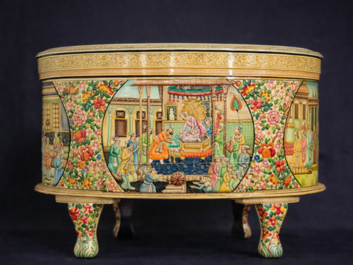 Exquisite hand-painted Indian style wooden table with intricate floral motifs and gold detailing