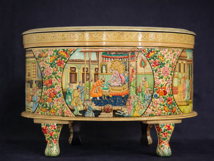 Exquisite hand-painted Indian style wooden table with intricate floral motifs and gold detailing