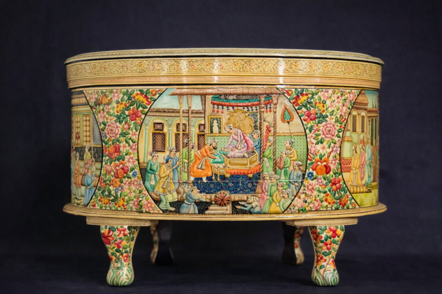 Exquisite hand-painted Indian style wooden table with intricate floral motifs and gold detailing
