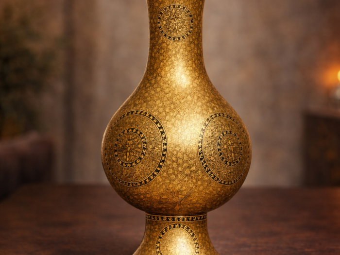 Intricate brass vase on wooden surface