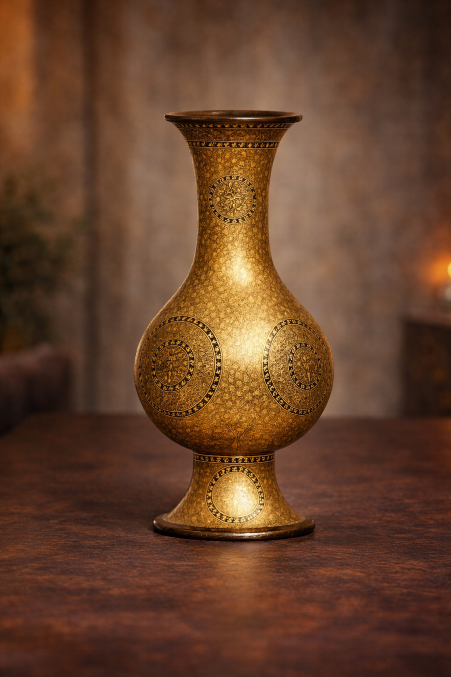 Intricate brass vase on wooden surface