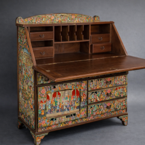 Hand painted secretary desk with fold-down writing surface and storage drawers, featuring Kashmiri Mughal miniature artwork in gold and red colors