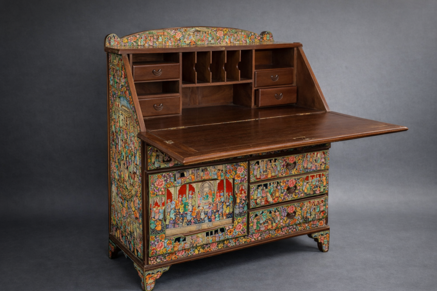 Hand painted secretary desk with fold-down writing surface and storage drawers, featuring Kashmiri Mughal miniature artwork in gold and red colors