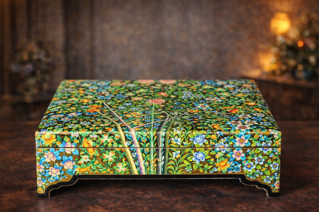 Kashmiri paper mache floral wooden box with real gold work
