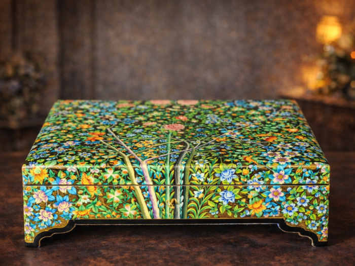 Kashmiri paper mache floral wooden box with real gold work