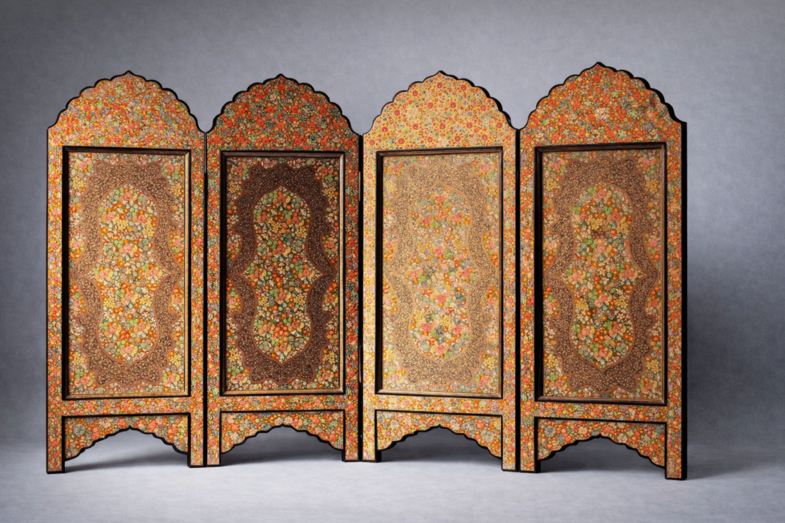 Hazara art folding screen with hand-painted Kashmiri floral patterns, wooden frame room divider