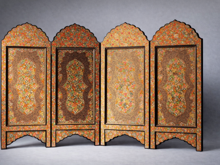 Hazara art folding screen with hand-painted Kashmiri floral patterns, wooden frame room divider