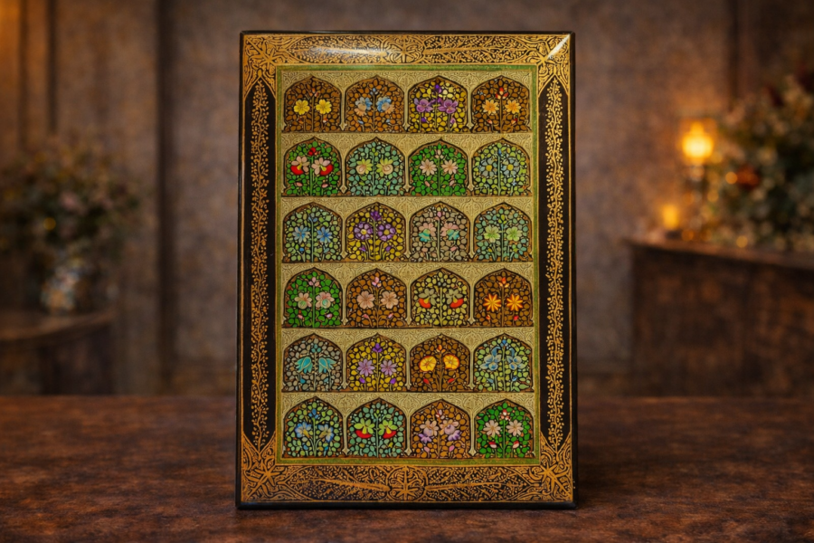 Hand-Painted Real Gold Paper Mache Jewel Box 10×7 | Kashmiri Art