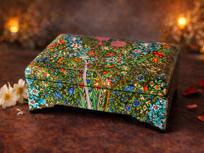 Shabe Guliwilayat paper mache box with ornate floral design and lacquered finish