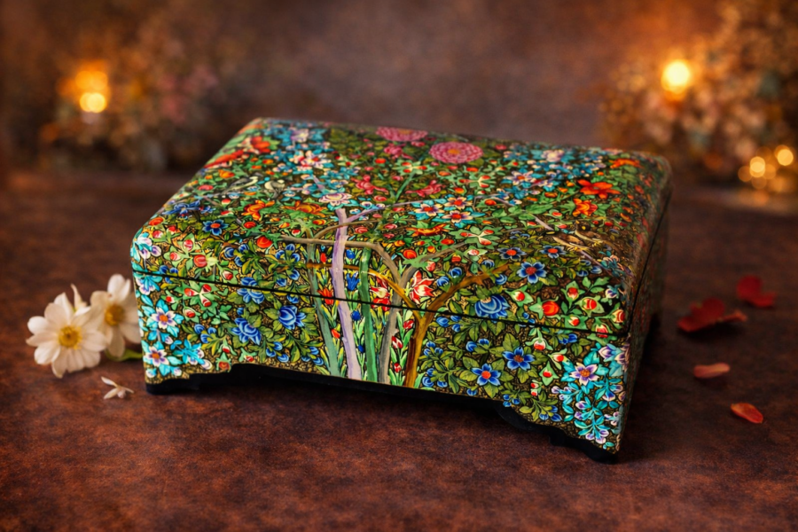 Shabe Guliwilayat paper mache box with ornate floral design and lacquered finish