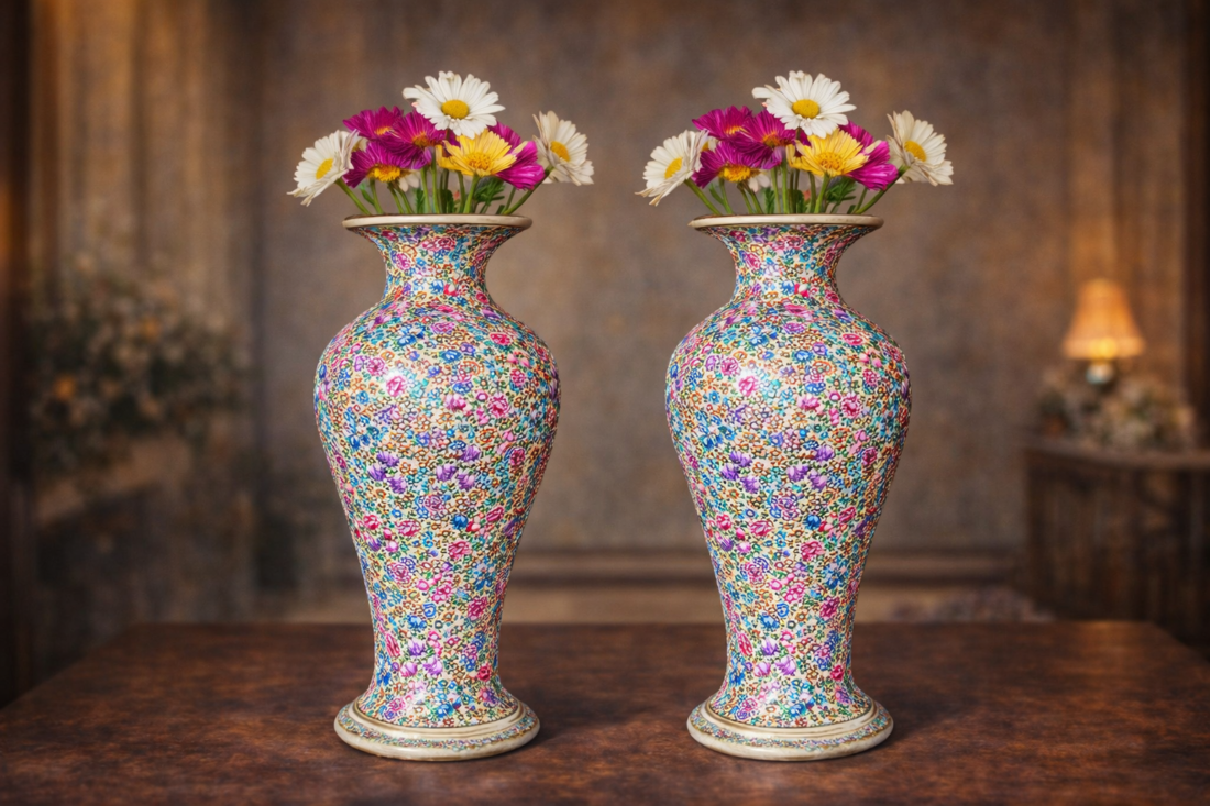28 inch embossed floral paper mache vase pair handcrafted in Kashmir