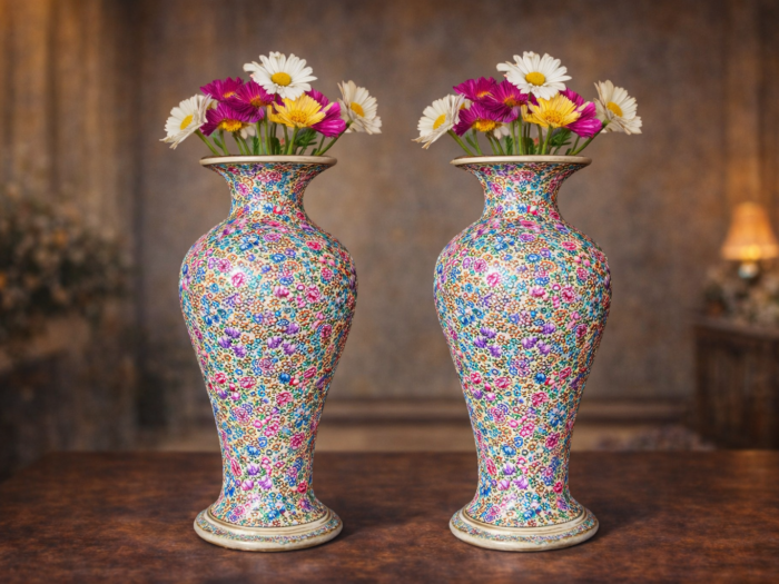 28 inch embossed floral paper mache vase pair handcrafted in Kashmir