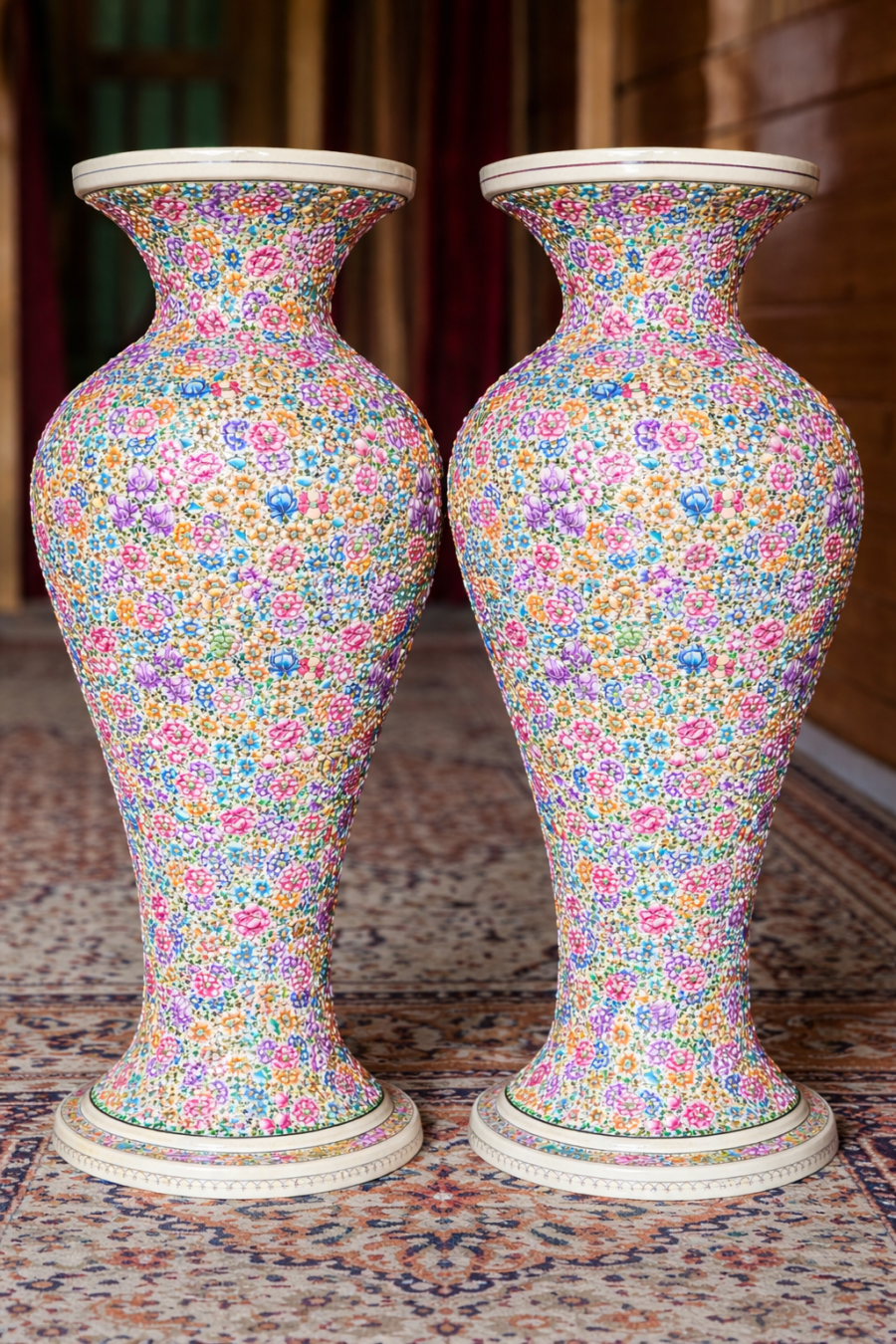 28 inch embossed floral paper mache vase pair handcrafted in Kashmir