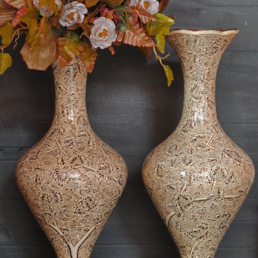 tree of life vase, Kashmiri papier mache vases with ivory Tree of Life hand-painted floral design - set of 2 handcrafted decorative vases