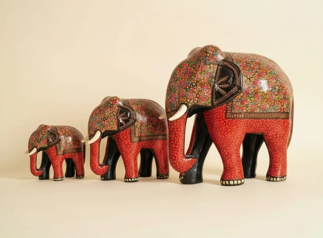 Kashmiri Paper Mache Elephant Family Tiny Hazara Art Sculpture