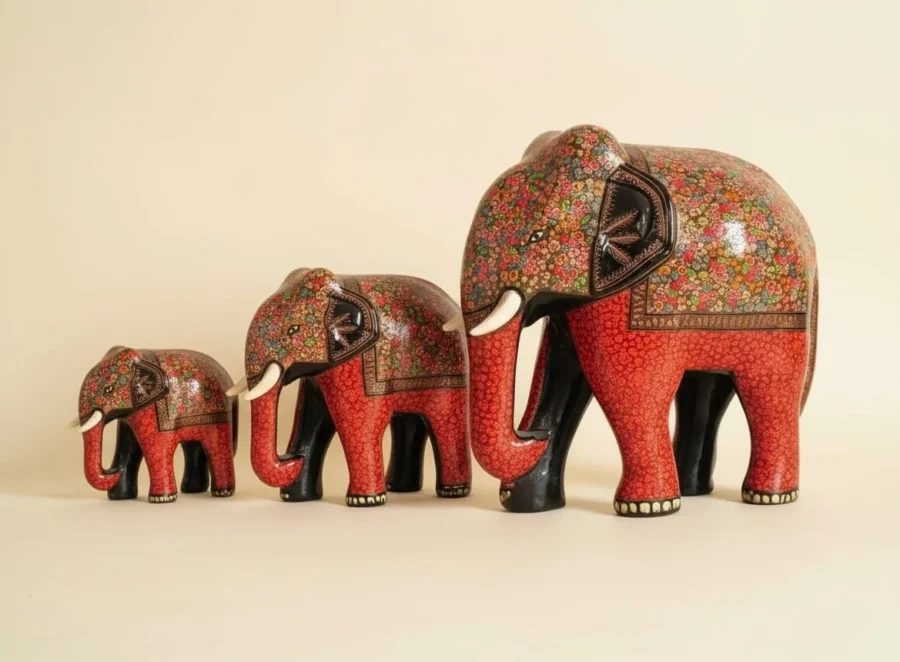 Kashmiri Paper Mache Elephant Family Tiny Hazara Art Sculpture