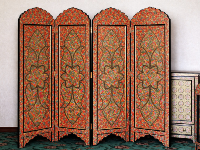 Kashmiri paper mache folding screen - hand-painted Hazara art room divider