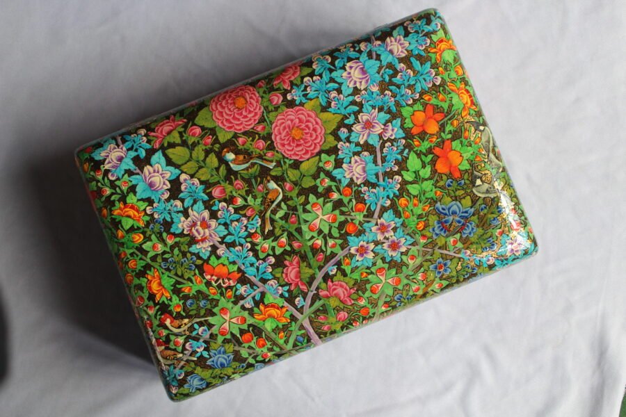 habe Guliwilayat paper mache box with ornate floral design and lacquered finish