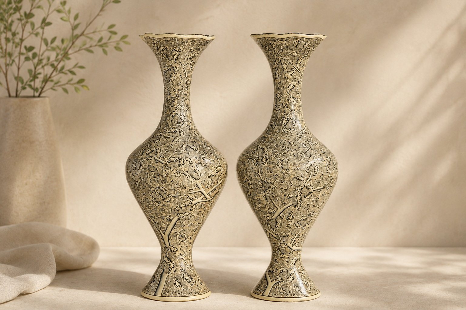 tree of life vase, Kashmiri papier mache vases with ivory Tree of Life hand-painted floral design - set of 2 handcrafted decorative vases