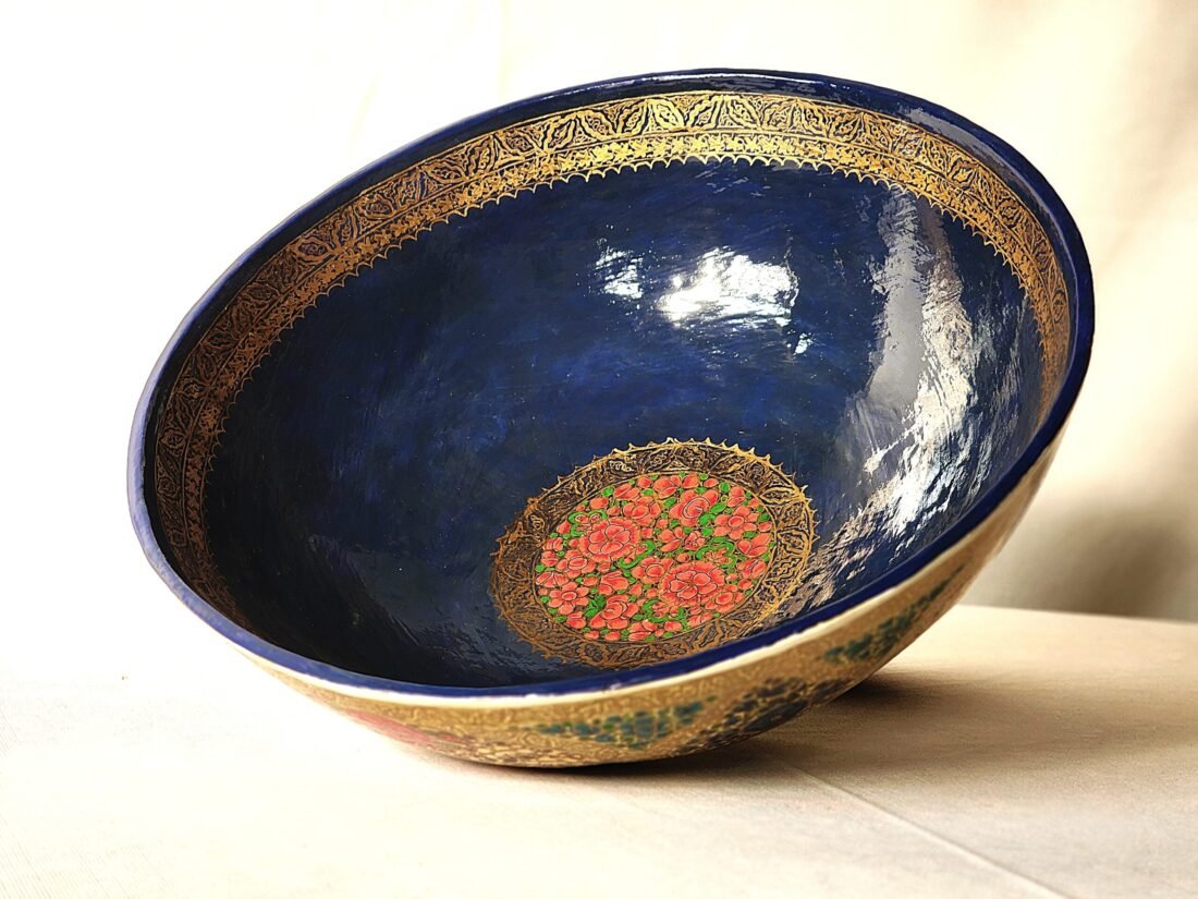 Hand painted Kashmiri papier mache bowl with floral design and blue gold interior