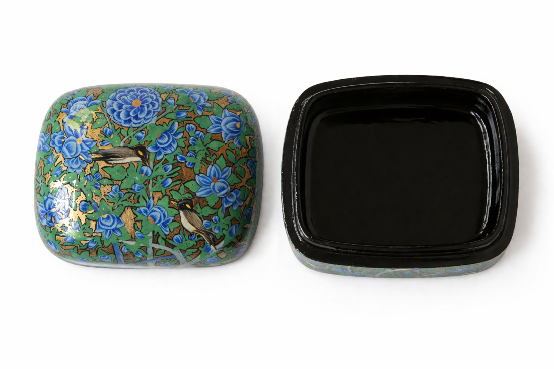 Handmade Paper Mache Curvy Top Jewelry Box 4 Inch Floral