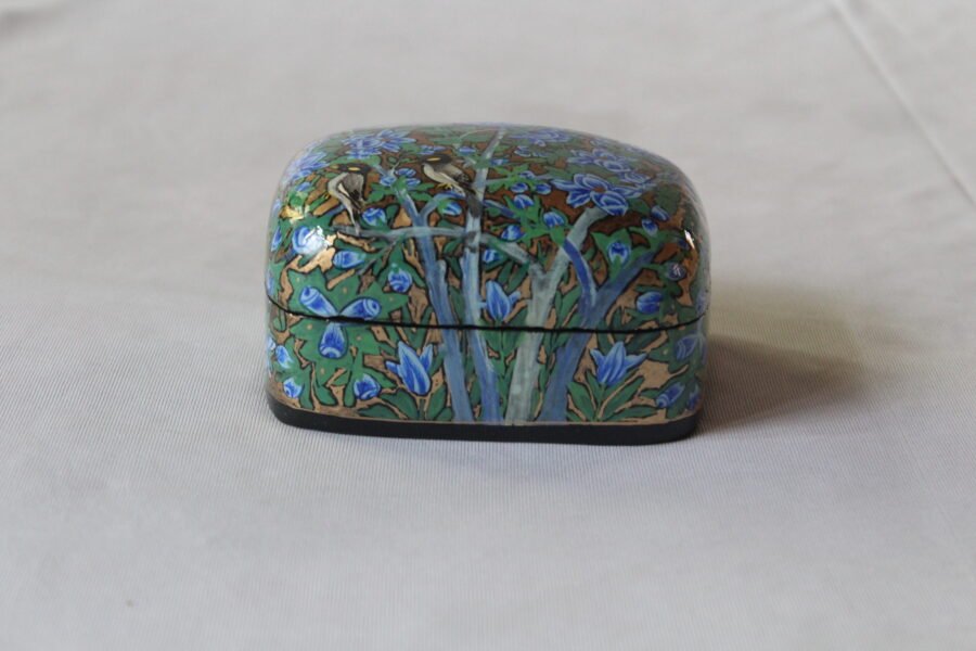 Handmade Paper Mache Jewelry Box with Sparrow Pair Design | Kashmiri Curvy Top Artisan Box