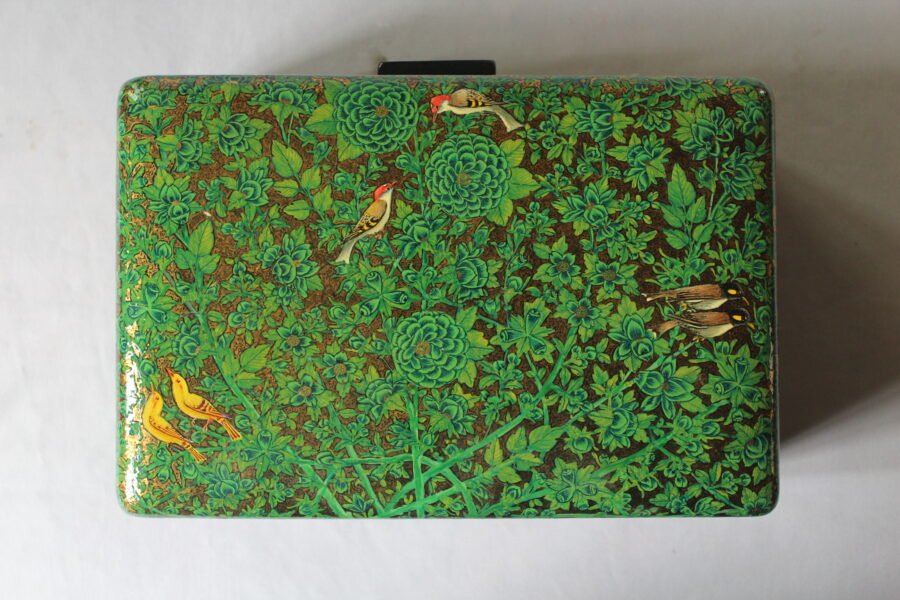 Handmade Paper Mache Storage Box Green Floral Design