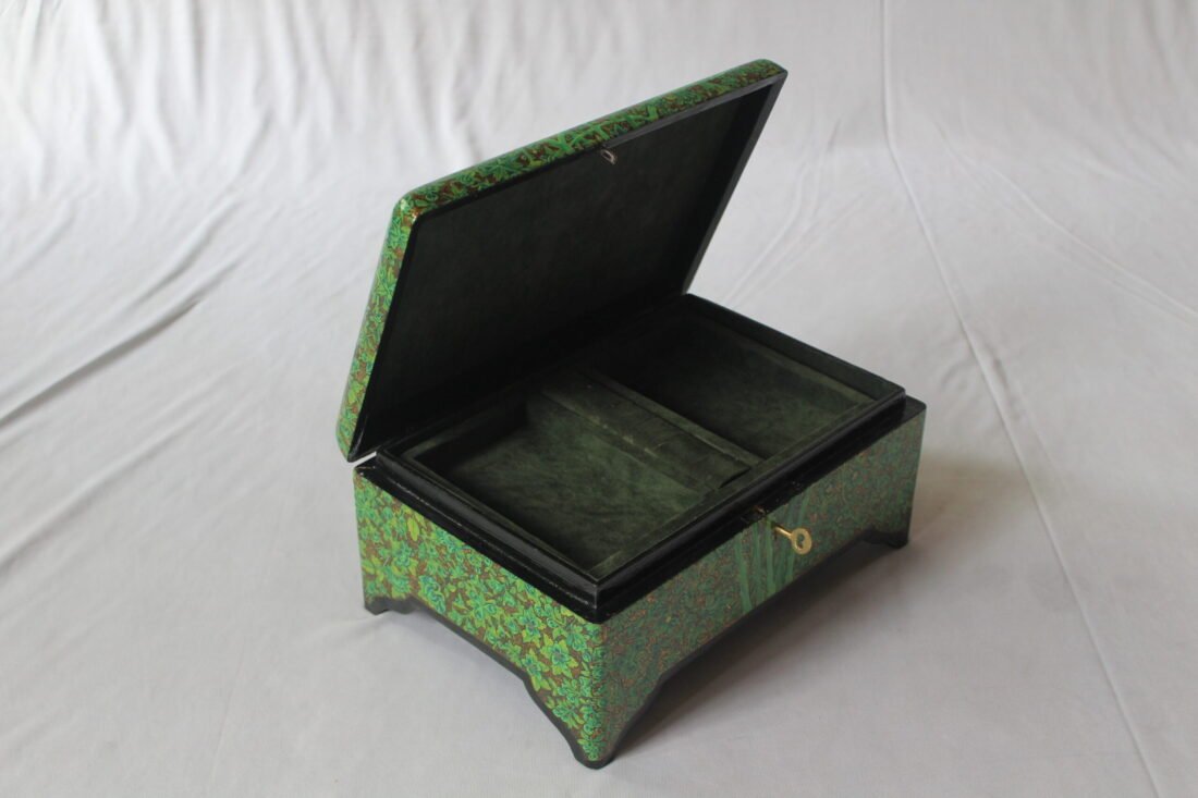 Handmade Paper Mache Storage Box Green Floral Design