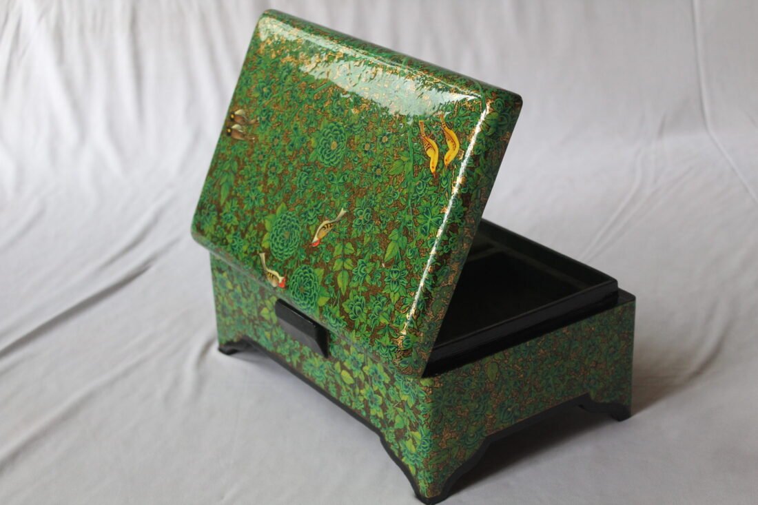 Handmade Paper Mache Storage Box Green Floral Design