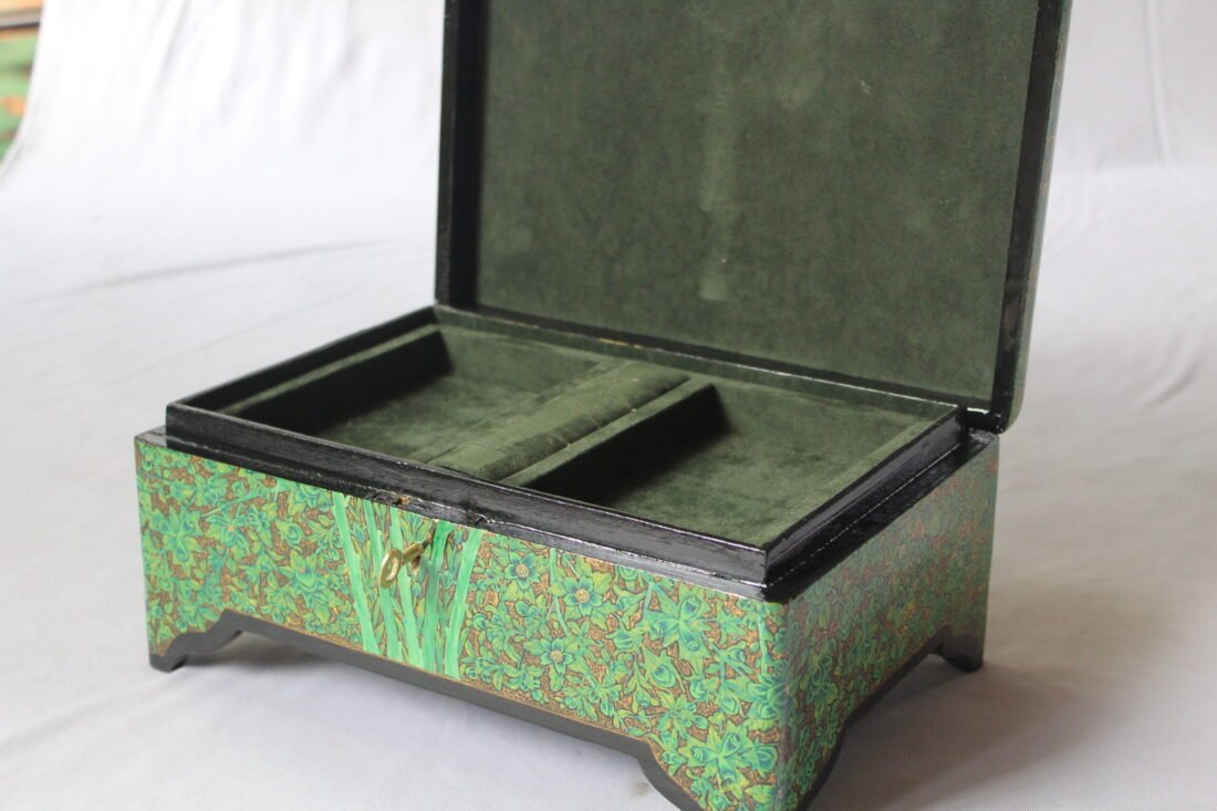 Handmade Paper Mache Storage Box Green Floral Design
