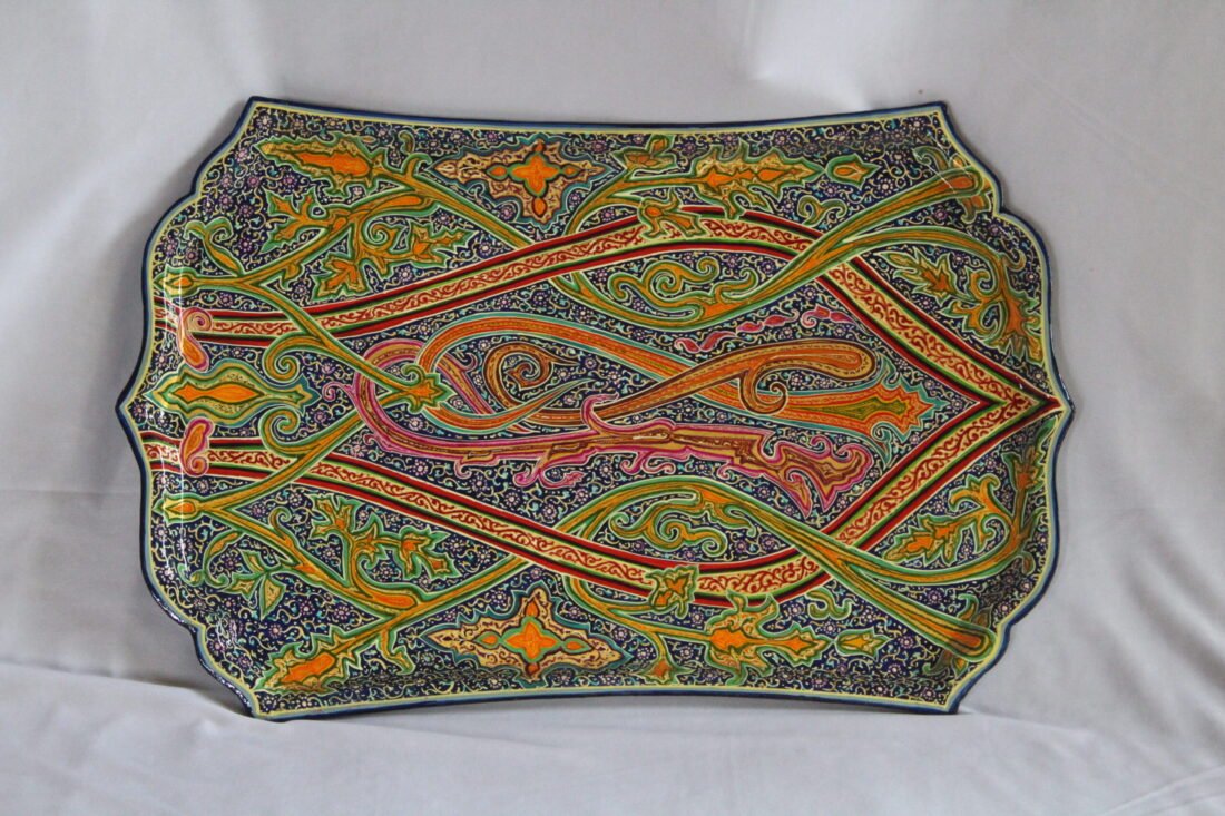 kashmiri paisley almond serving tray, kashmiri paisley almond papier mache serving tray 21x14 inch