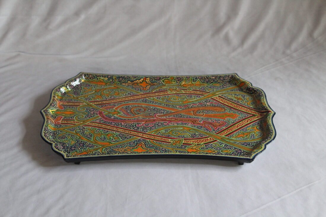 kashmiri paisley almond serving tray, kashmiri paisley almond papier mache serving tray 21x14 inch