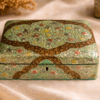 Silver chinar paper mache jewelry box with hand painted Kashmiri design, embossed finish, velvet interior and lock