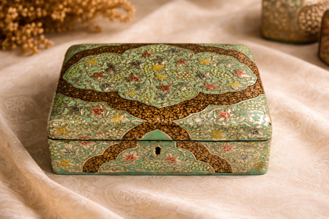 Silver chinar paper mache jewelry box with hand painted Kashmiri design, embossed finish, velvet interior and lock