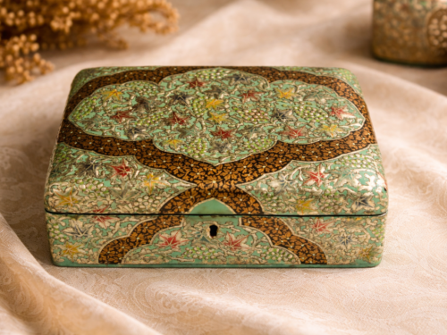 Silver chinar paper mache jewelry box with hand painted Kashmiri design, embossed finish, velvet interior and lock
