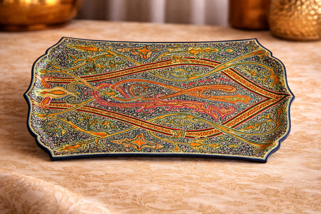 kashmiri paisley almond serving tray, kashmiri paisley almond papier mache serving tray 21x14 inch,kashmiri handicrafts online
