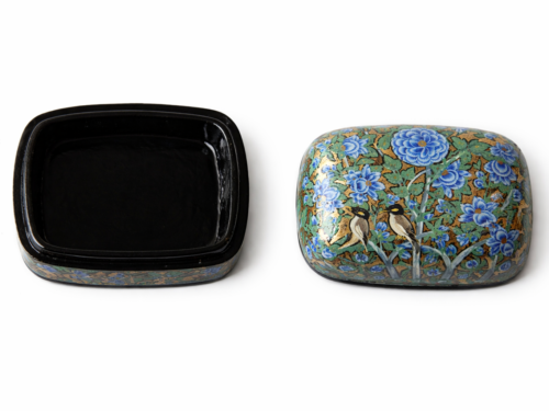 Handmade Paper Mache Mynah Jewelry Box with Mynah Pair Design | Kashmiri Curvy Top Artisan Box