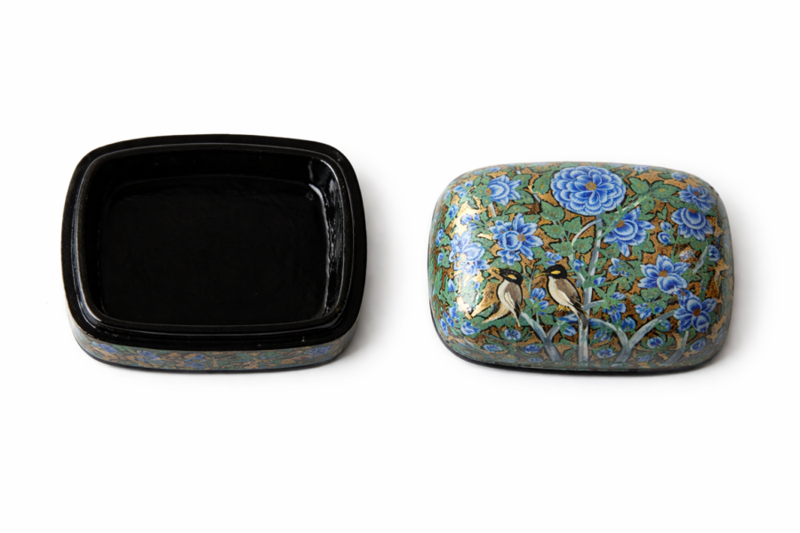 Handmade Paper Mache Mynah Jewelry Box with Mynah Pair Design | Kashmiri Curvy Top Artisan Box