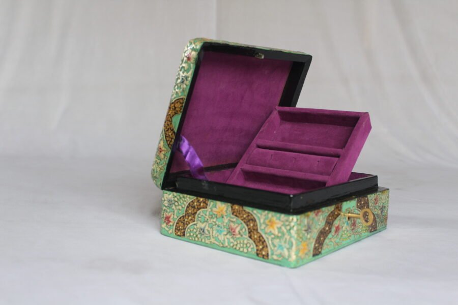 Silver chinar paper mache jewelry box with hand painted Kashmiri design, embossed finish, velvet interior and lock