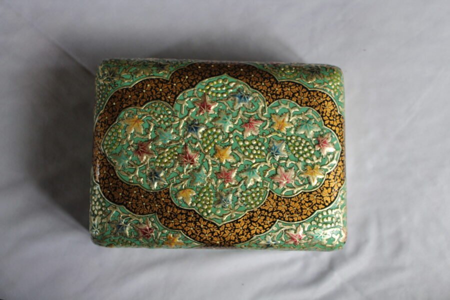Silver chinar paper mache jewelry box with hand painted Kashmiri design, embossed finish, velvet interior and lock