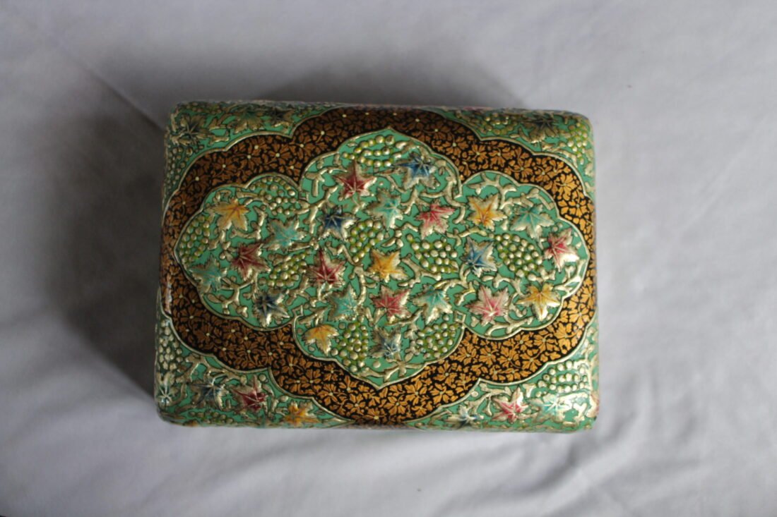 Silver chinar paper mache jewelry box with hand painted Kashmiri design, embossed finish, velvet interior and lock