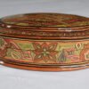 Round Kashmiri papier mache jewelry box with hand painted Persian paisley design and lacquered finish
