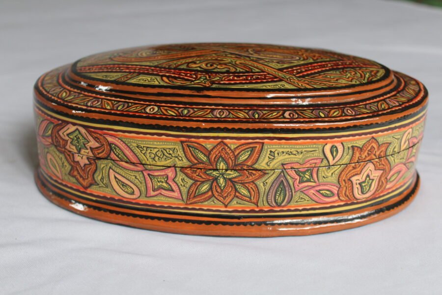 Round Kashmiri papier mache jewelry box with hand painted Persian paisley design and lacquered finish