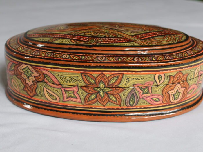 Round Kashmiri papier mache jewelry box with hand painted Persian paisley design and lacquered finish