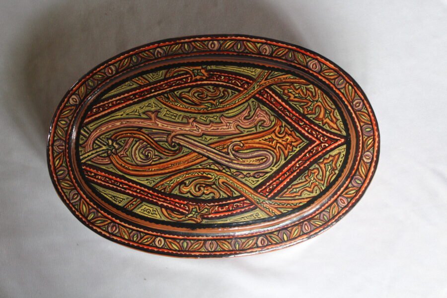 Round Kashmiri papier mache jewelry box with hand painted Persian paisley design and lacquered finish