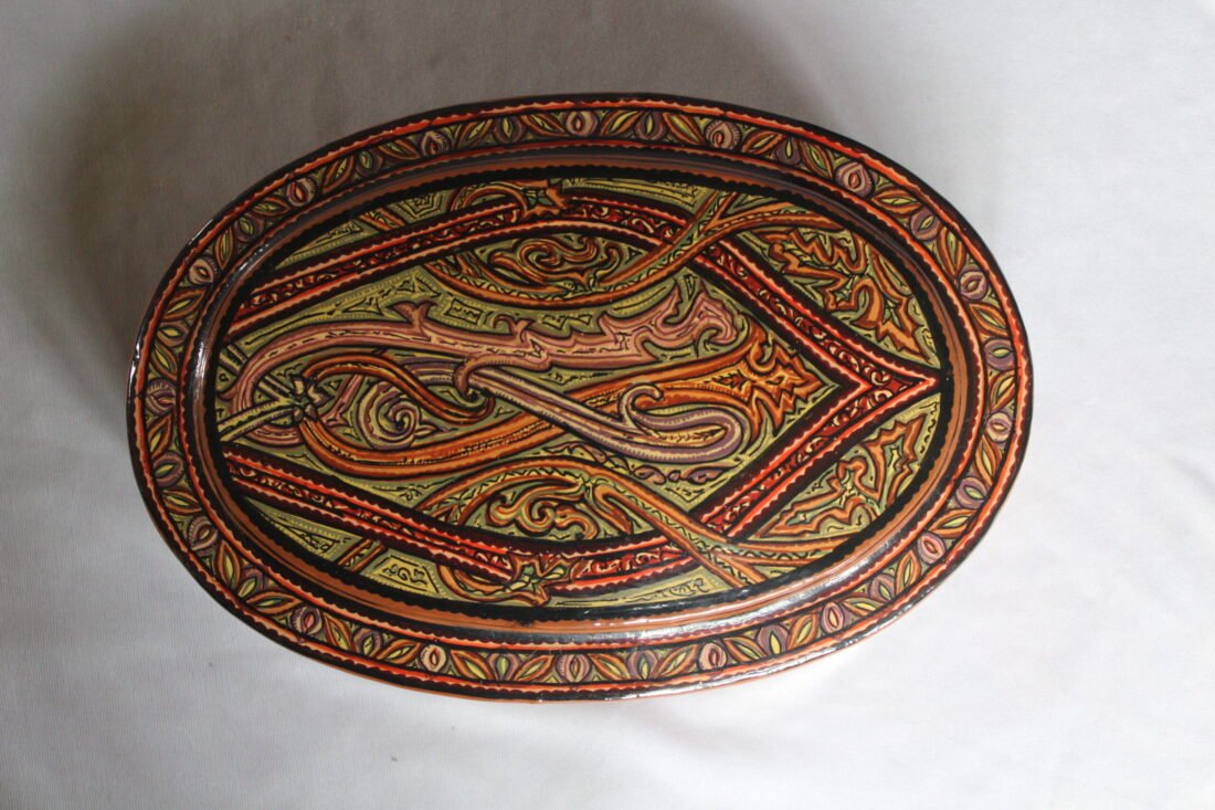 Round Kashmiri papier mache jewelry box with hand painted Persian paisley design and lacquered finish