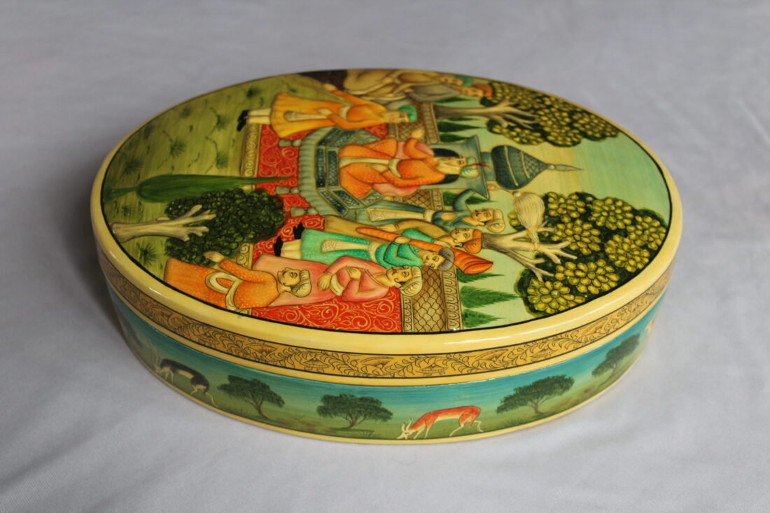 Hand painted Mughal art papier mache box with royal court scene and embossed lacquer finish