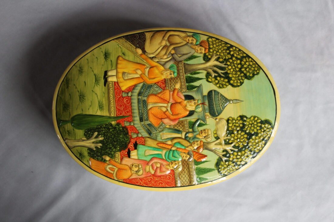 Hand painted Mughal art papier mache box with royal court scene and embossed lacquer finish