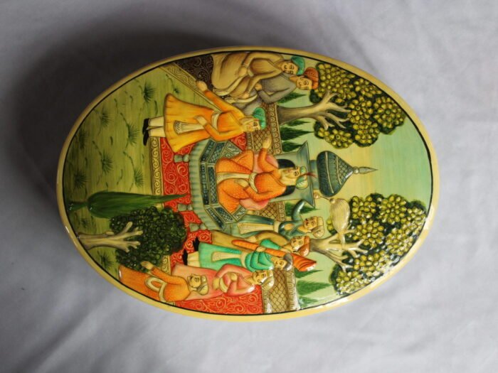 Hand painted Mughal art papier mache box with royal court scene and embossed lacquer finish